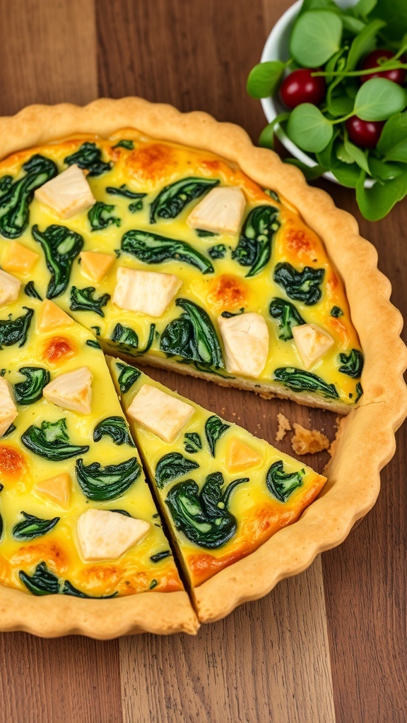 A slice of chicken and spinach quiche with a golden crust, served on a wooden table with a side salad.